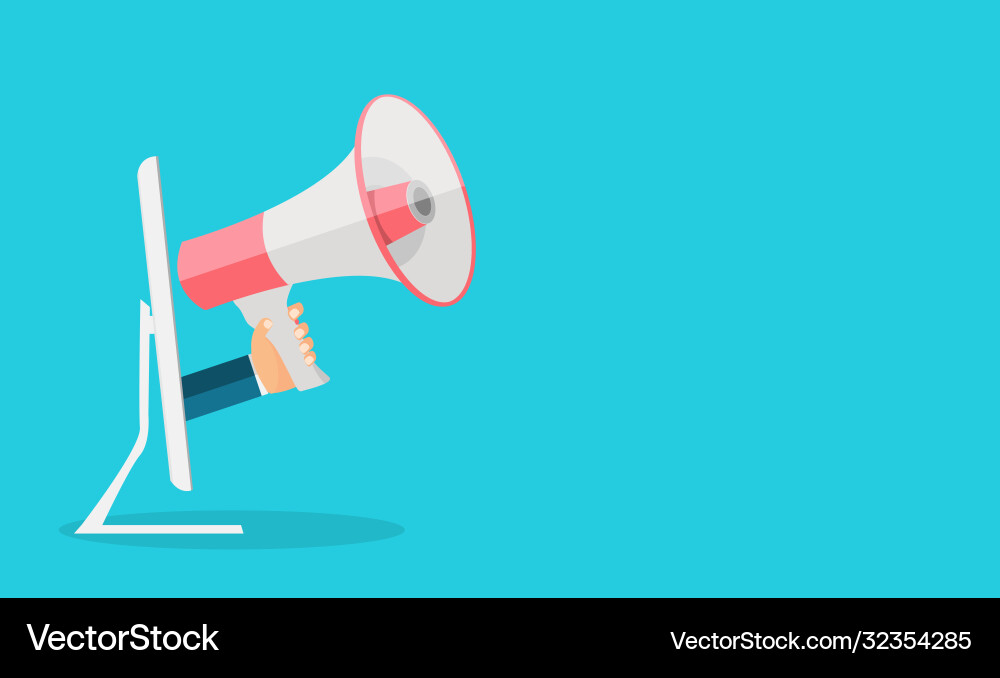 Hand with megaphone from computer attention Hand with megaphone from computer attention vector image