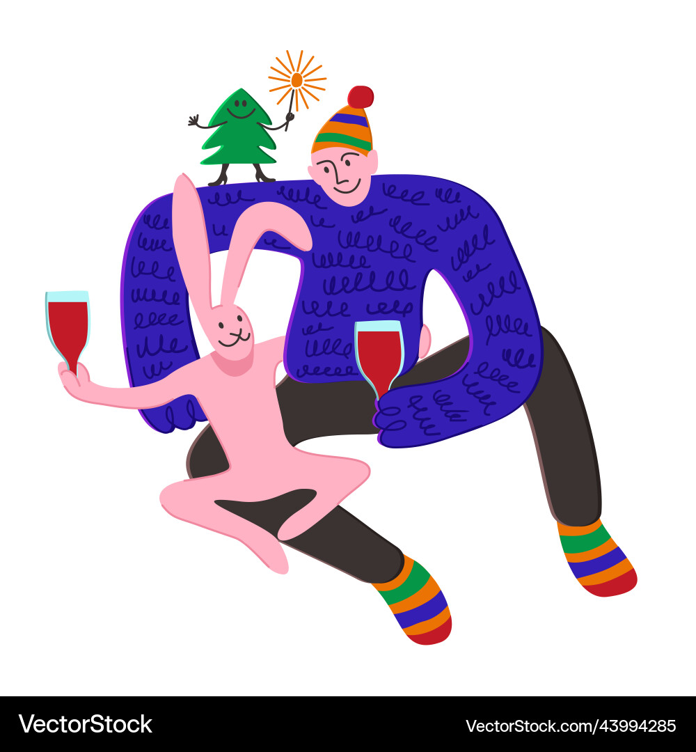 Man and rabbit hugging drinking wine fir tree Man and rabbit hugging drinking wine fir tree vector image