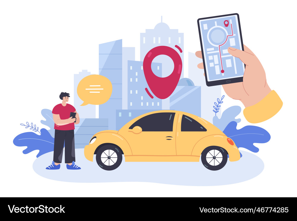 Man ordering car using mobile phone app flat Man ordering car using mobile phone app flat vector image