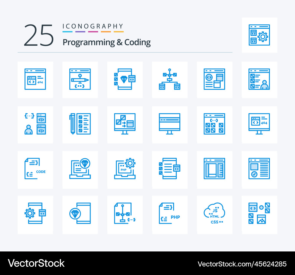 Programmierung und Kodierung 25 blaue Farb-Icon-Pack vektorbild