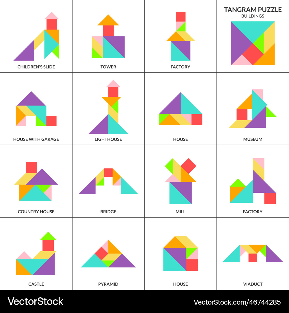Tangram puzzle set with various buildings Vector Image