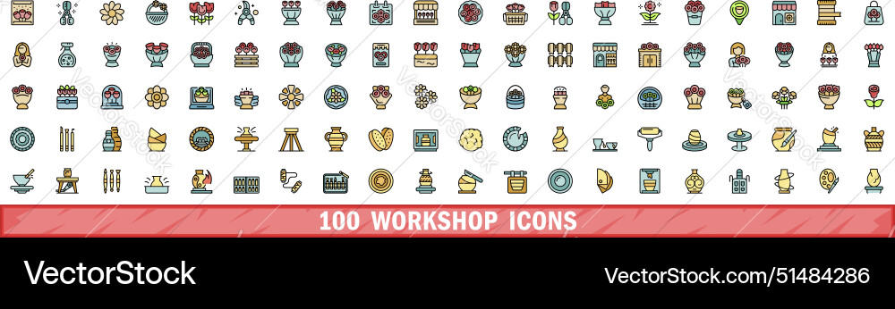 100 workshop icons set color line style 100 workshop icons set color line style vector image