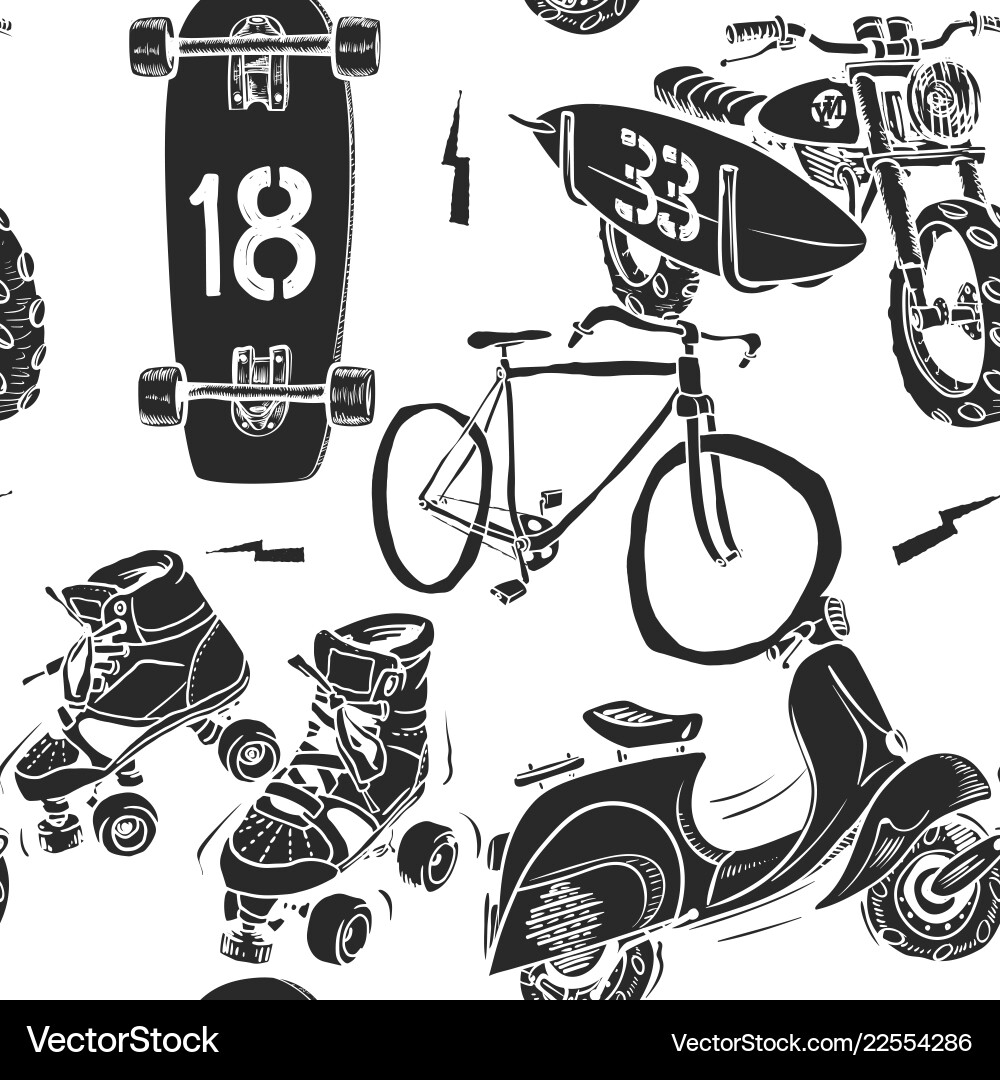 Seamless pattern with motorbike surfboard skate Seamless pattern with motorbike surfboard skate vector image
