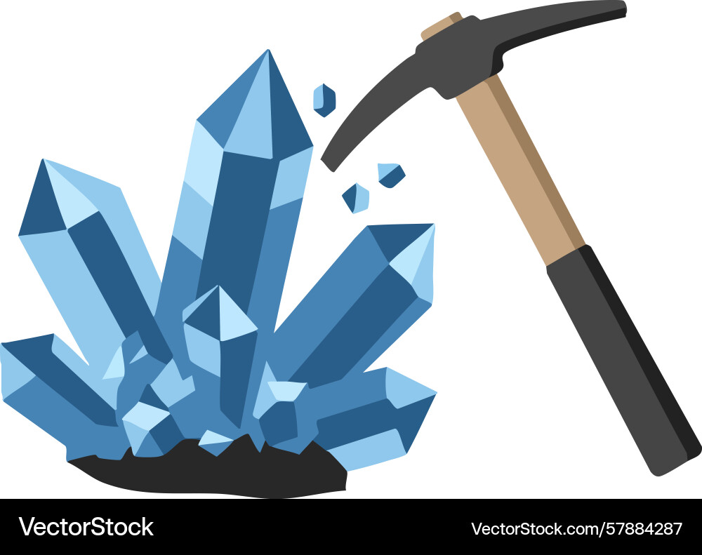 Blue crystal cluster mining with pickaxe tool Vector Image