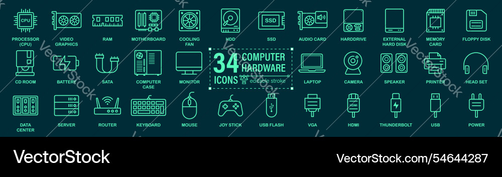 Computer hardware icon set components Computer hardware icon set components vector image