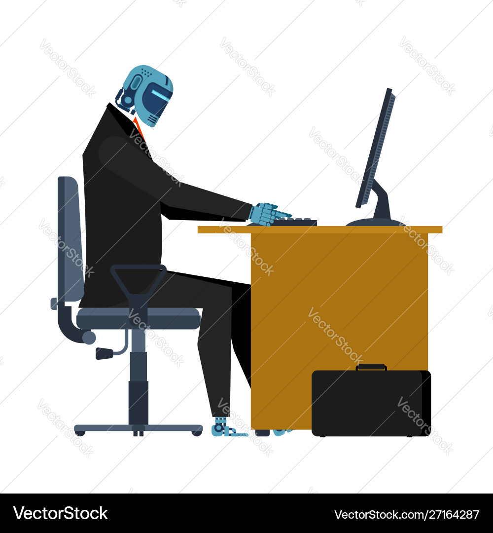 Cyborg at work in table office robot artificial Vector Image