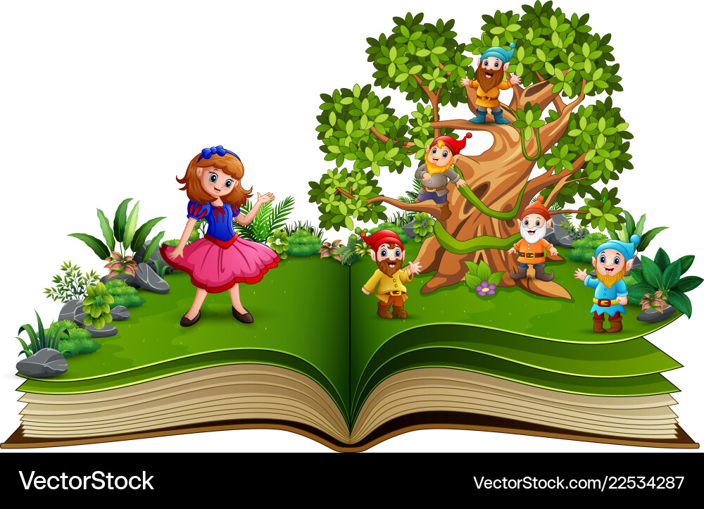 Open book with dwarf cartoon on the trees Vector Image