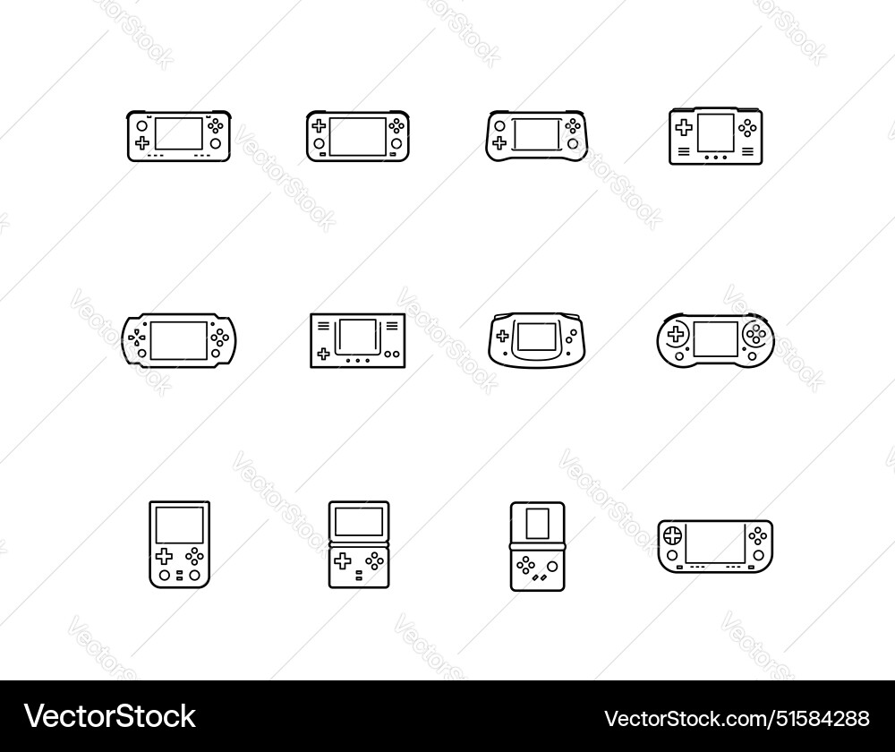 Handheld game console icon set in outline style Vector Image