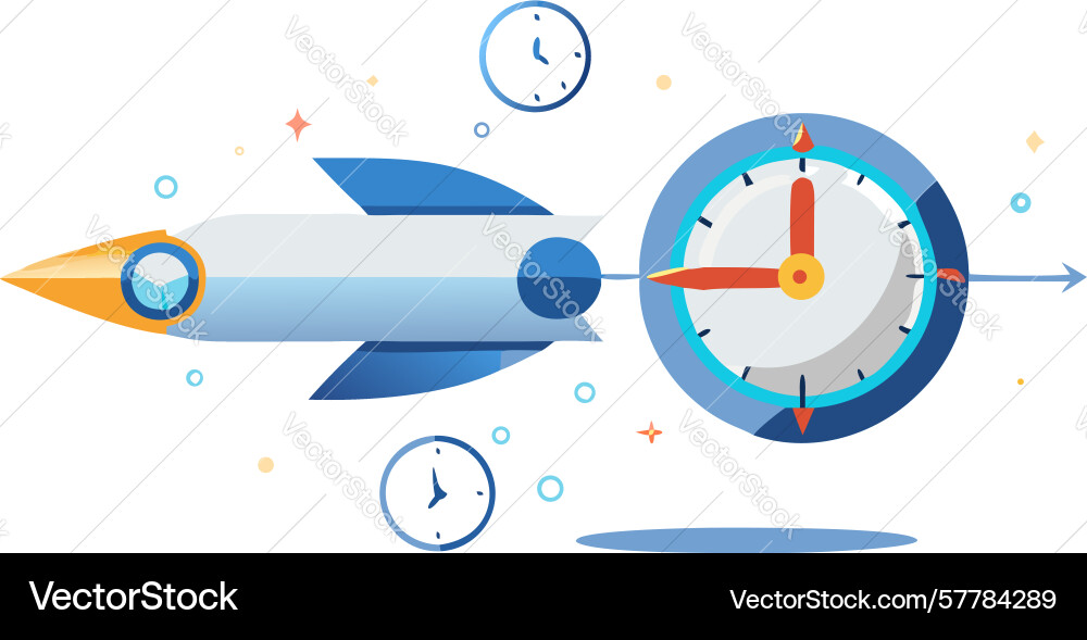 Rocket ship with clock face time-saving progress Vector Image