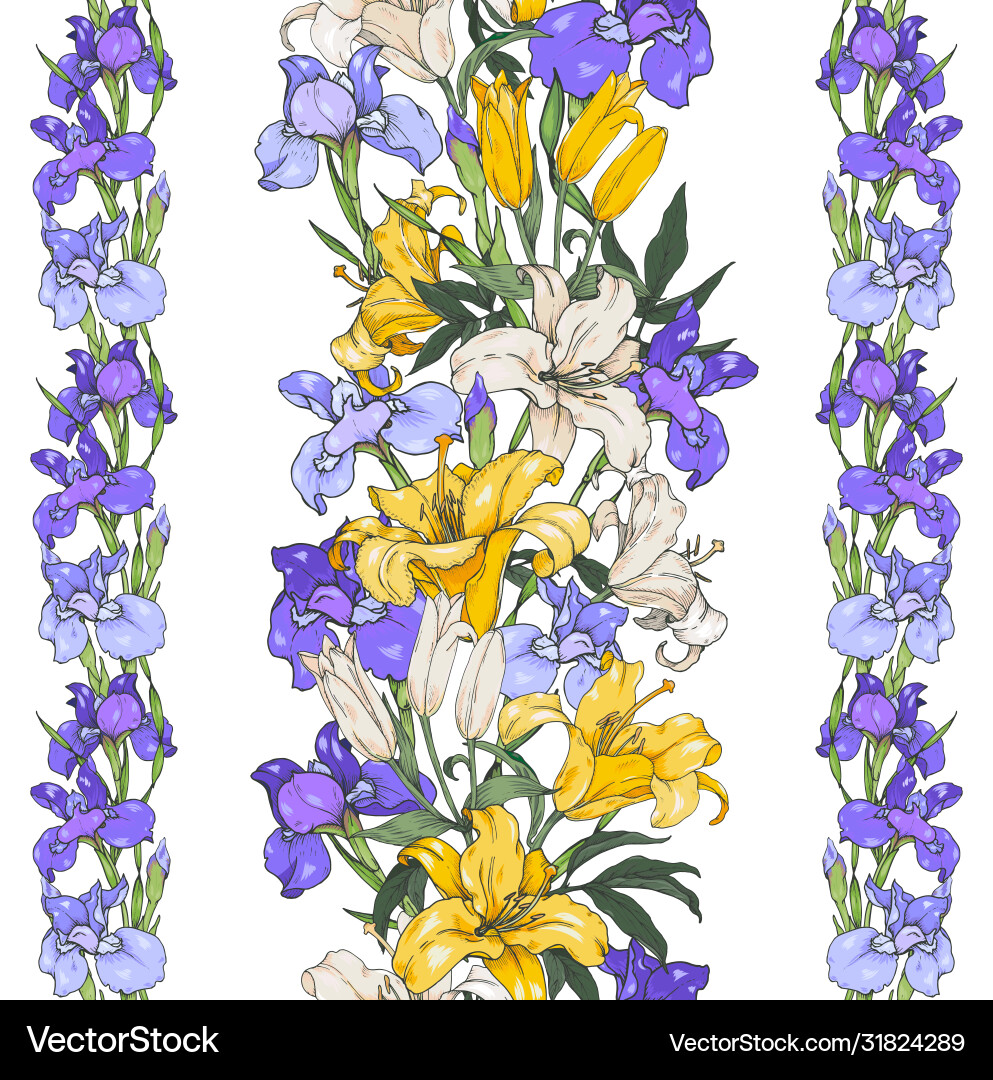 Weiße und gelbe Lilien blaue Iris nahtlos Weiße und gelbe Lilien blaue Iris nahtlos vektorbild