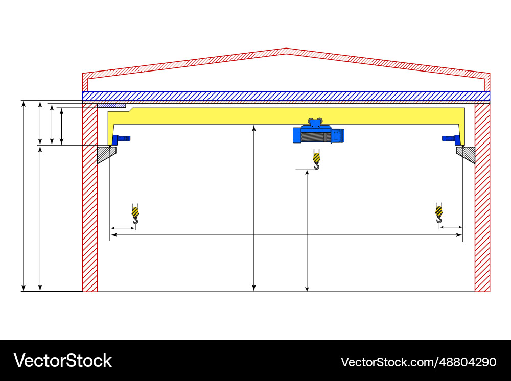 Overhead crane sketch with dimensions dimensional Vector Image