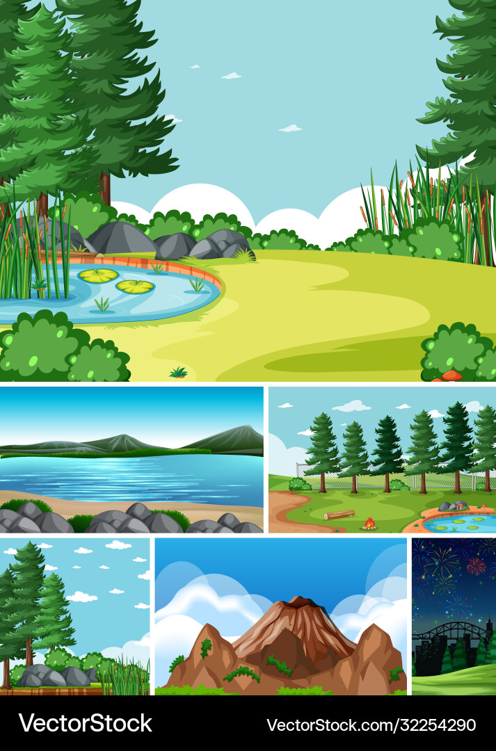 Sechs verschiedene Szenen in der Natur setzen Cartoon Sechs verschiedene Szenen in der Natur setzen Cartoon vektorbild