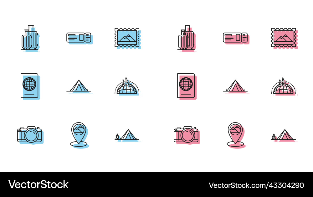 Set line photo camera map pointer with mountain Set line photo camera map pointer with mountain vector image
