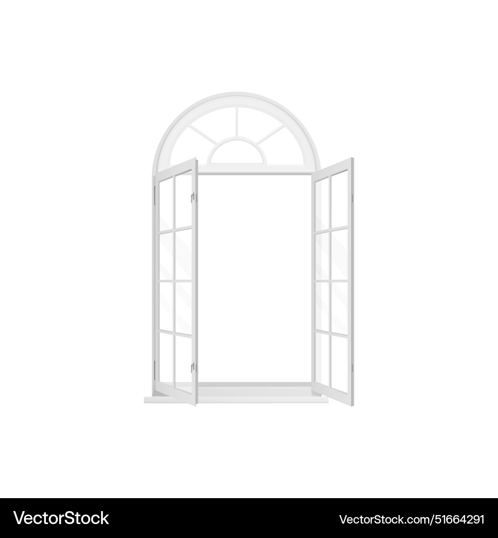 3d window with arch white frame and two open vector image