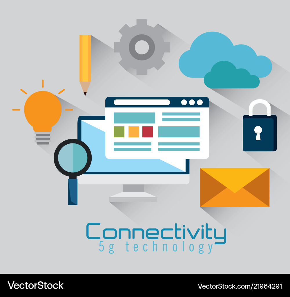 Desktop computer with connectivity 5g tech Desktop computer with connectivity 5g tech vector image
