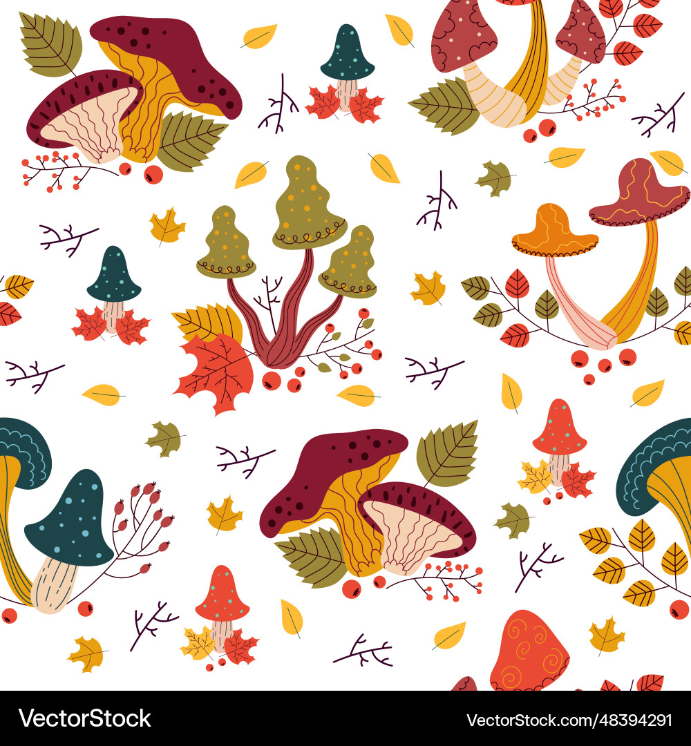 Seamless pattern with different mushrooms autumn Seamless pattern with different mushrooms autumn vector image