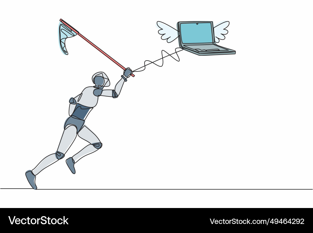 Continuous one line drawing robot try to catching Vector Image