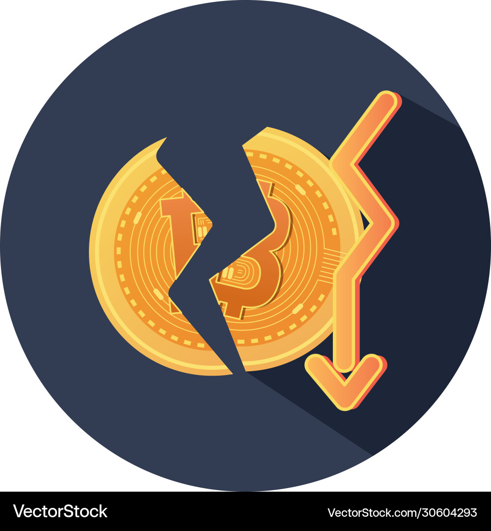 Falling financial arrow to bitcoin coin block vector image