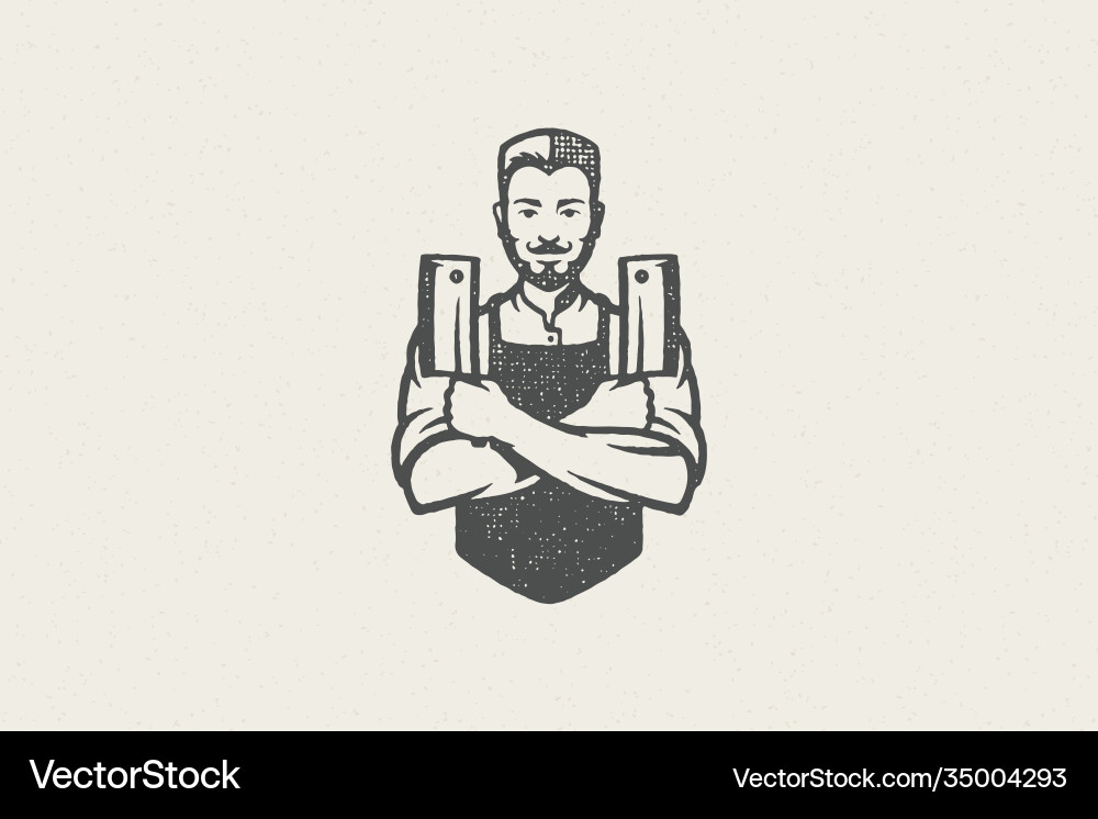 Man crossing arms with sharp knives while working Man crossing arms with sharp knives while working vector image