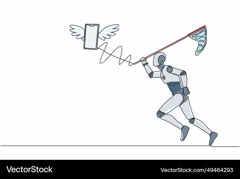 Single one line drawing robot try to catch flying Single one line drawing robot try to catch flying Vector Image