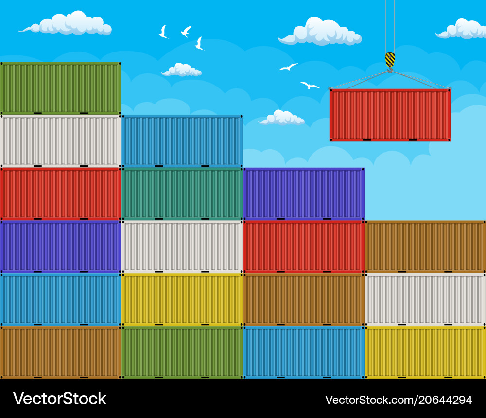 Crane lifting cargo container from large stack Crane lifting cargo container from large stack vector image