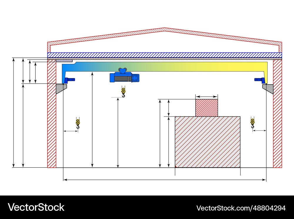 Overhead crane sketch with dimensions dimensional Vector Image