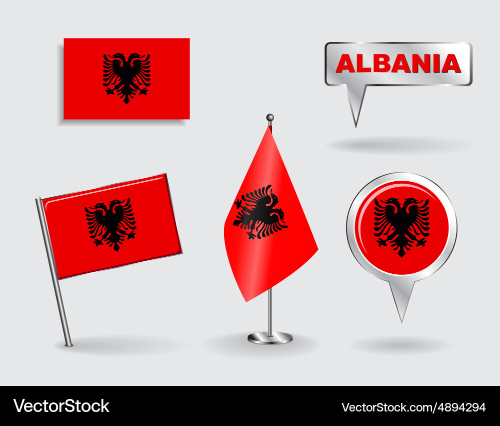 Set of albanian pin icon and map pointer flags vector image