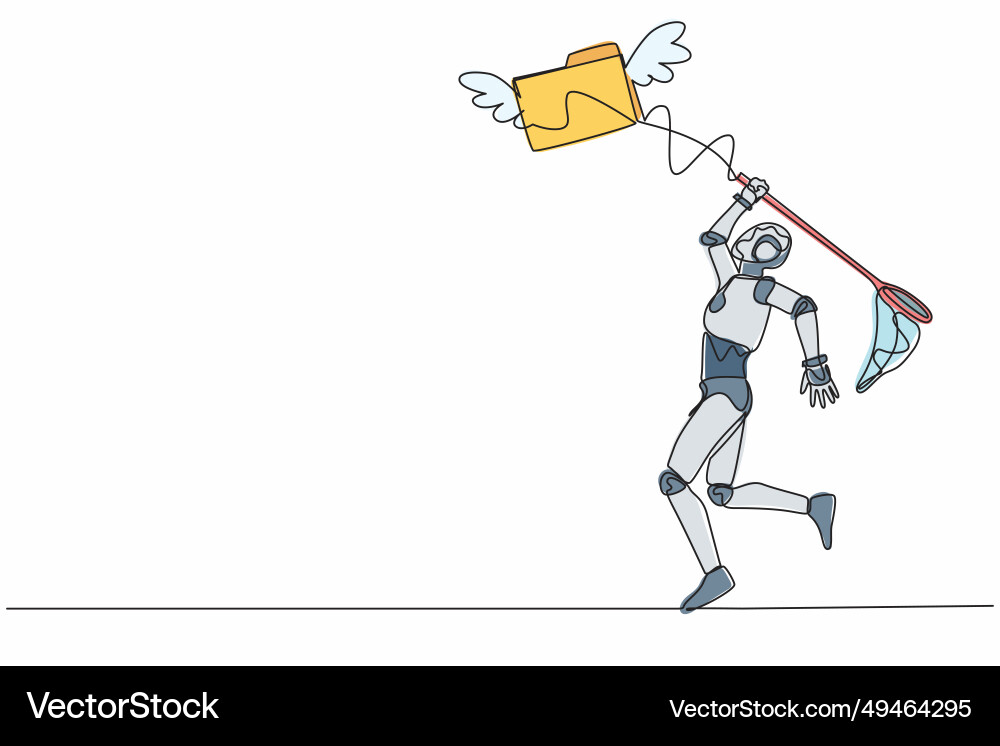 Continuous one line drawing robot try to catch Continuous one line drawing robot try to catch Vector Image