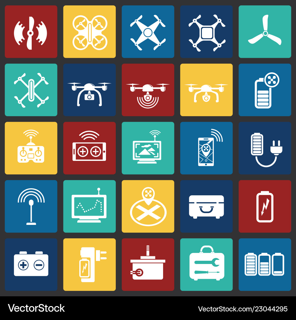 Drone icons set on color squares background Drone icons set on color squares background Vector Image