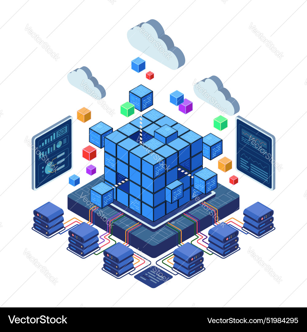 Isometric data center block with servers Isometric data center block with servers vector image