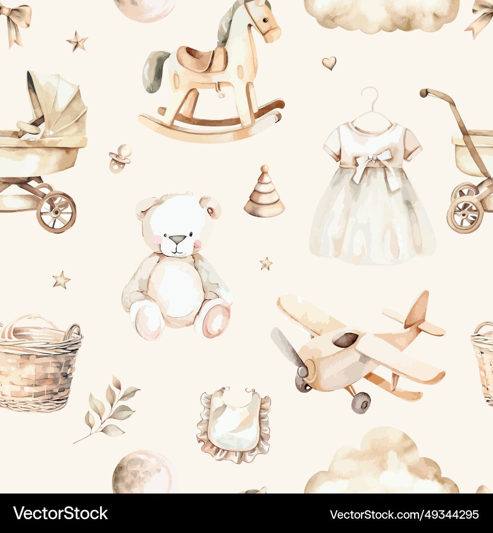 Newborn baby girl clipart set watercolor seamless Newborn baby girl clipart set watercolor seamless vector image