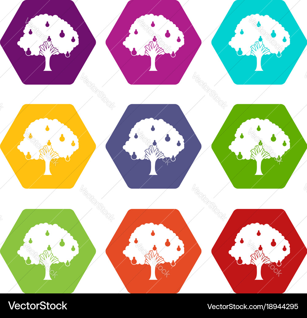 Pear tree with pears icon set color hexahedron vector image