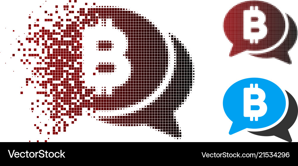 Disintegrating pixel halftone bitcoin chat icon Disintegrating pixel halftone bitcoin chat icon vector image