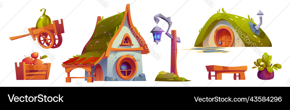 Fantasy house of dwarf or hobbit isolated objects Fantasy house of dwarf or hobbit isolated objects vector image