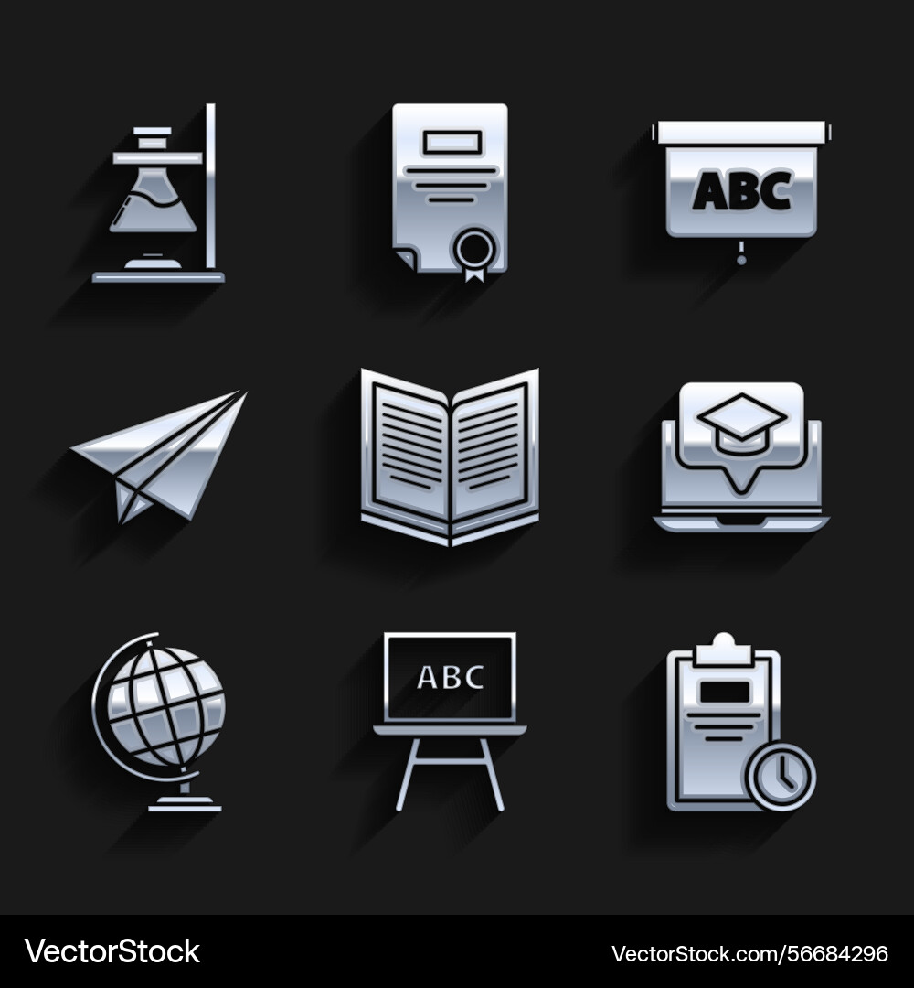 Set open book chalkboard exam sheet with clock Set open book chalkboard exam sheet with clock vector image