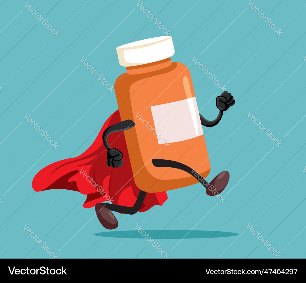 Bottle of pills superhero character running Bottle of pills superhero character running vector image