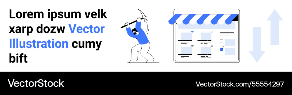 Man with a pickaxe working near website interface Vector Image