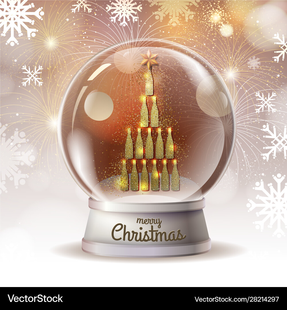 Realistic snow globe with golden champagne bottles Realistic snow globe with golden champagne bottles vector image