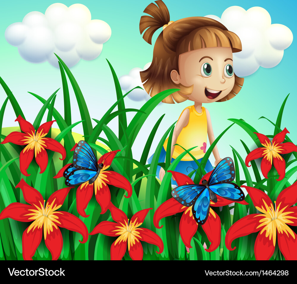 A small girl at the flower garden with butterflies Vector Image