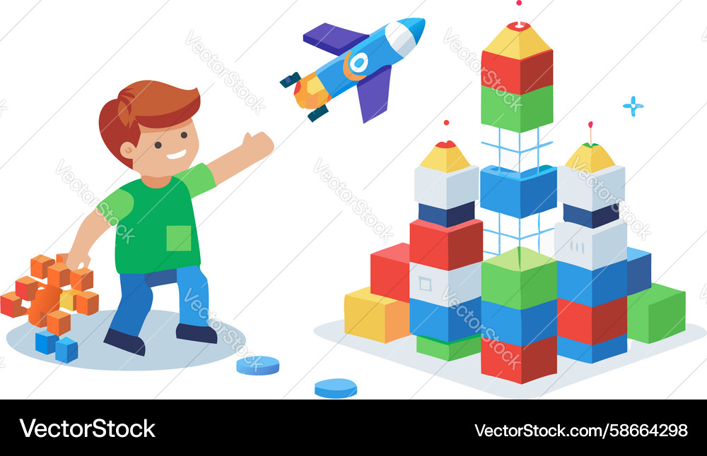 Child building rocket with colorful blocks design Vector Image