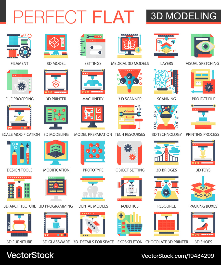 3d modelling and printing complex flat icon vector image