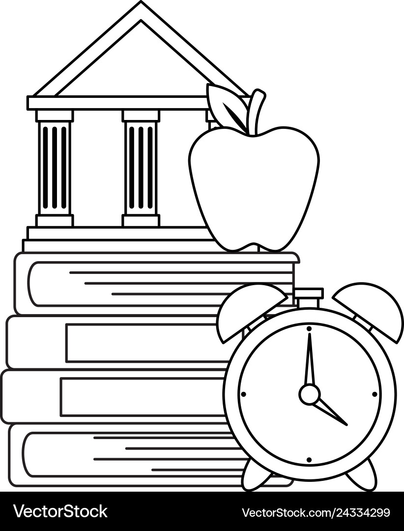 Pile text books with alarm and library building Vector Image