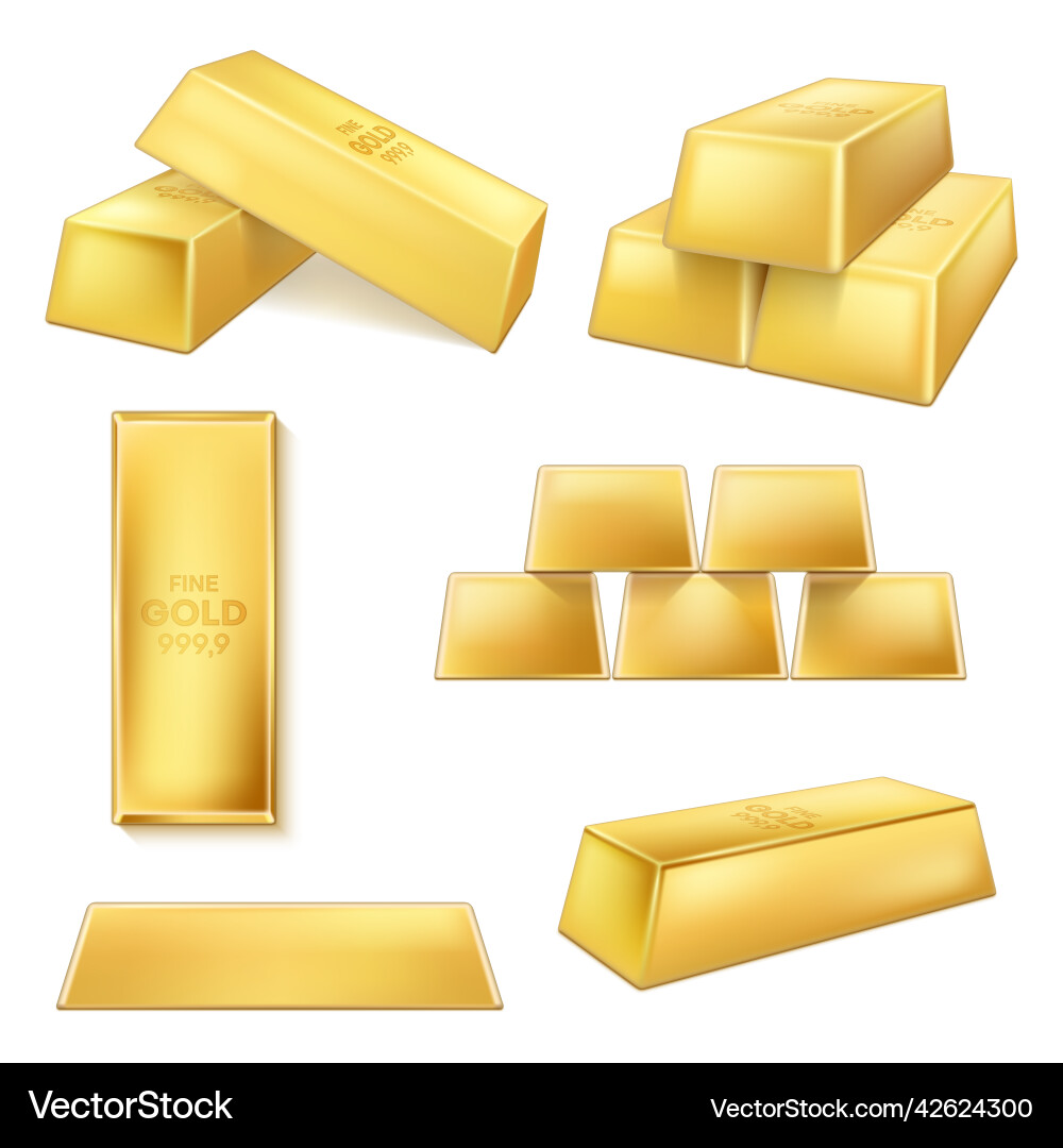 Collection realistic golden bars front side top vector image