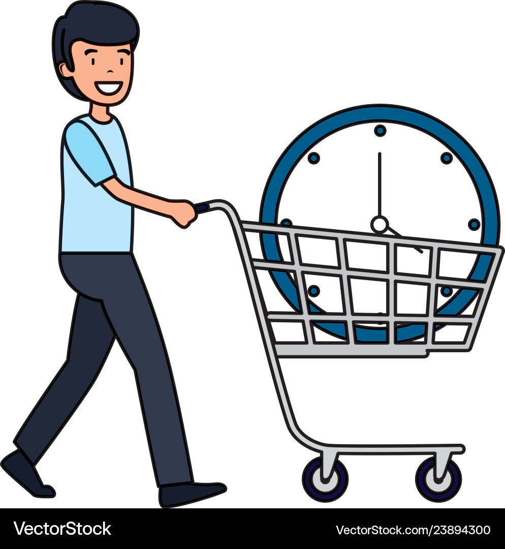 Man with time clock in shopping cart Man with time clock in shopping cart vector image
