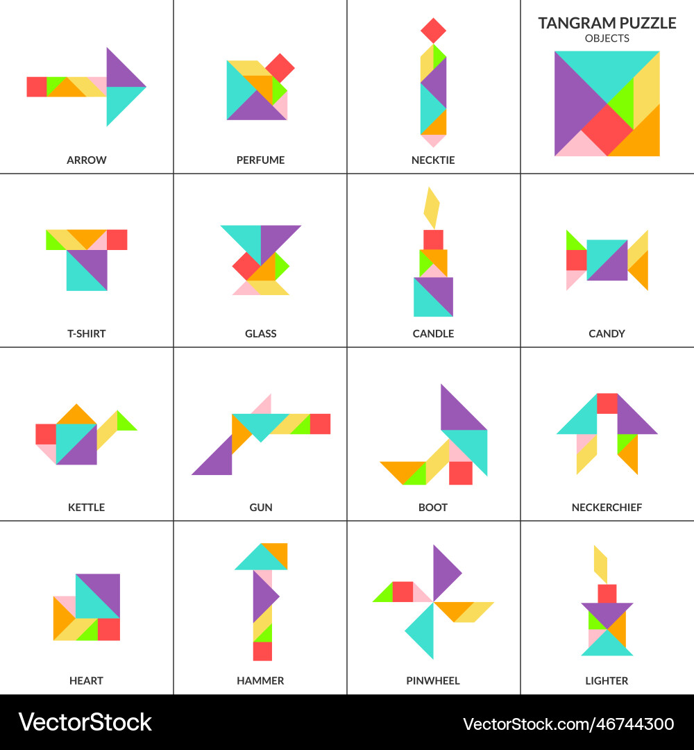 Tangram Puzzle-Set mit verschiedenen Objekten Tangram Puzzle-Set mit verschiedenen Objekten Vektorbild