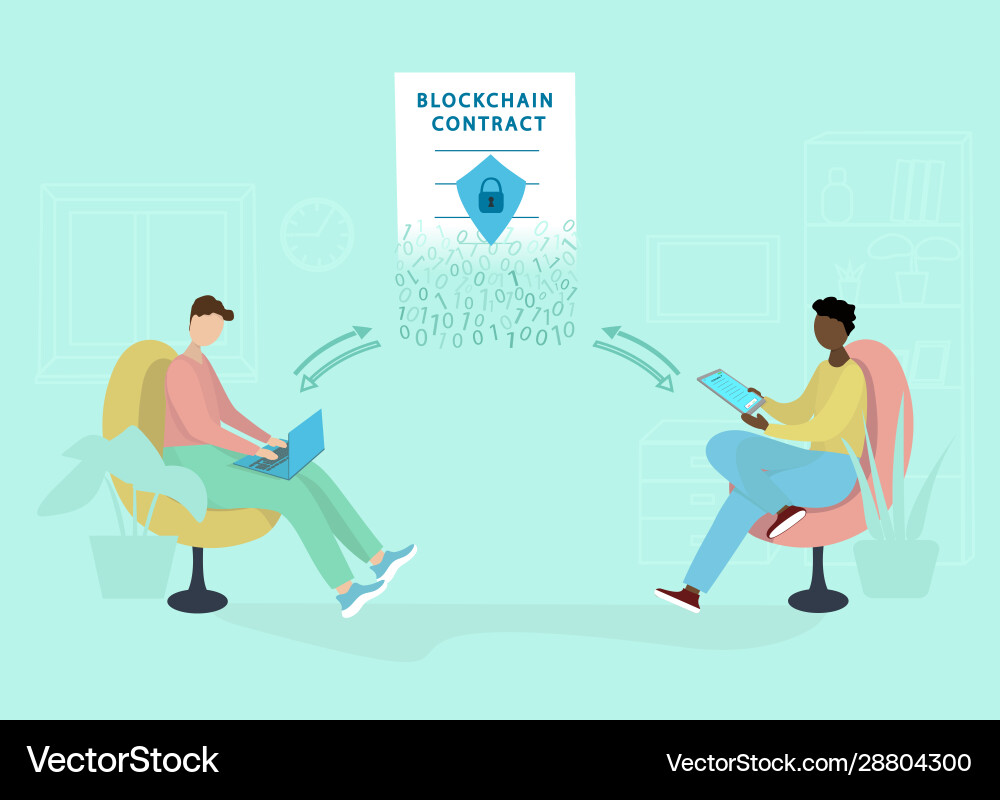 Two guys sign a blockchain contract Two guys sign a blockchain contract vector image