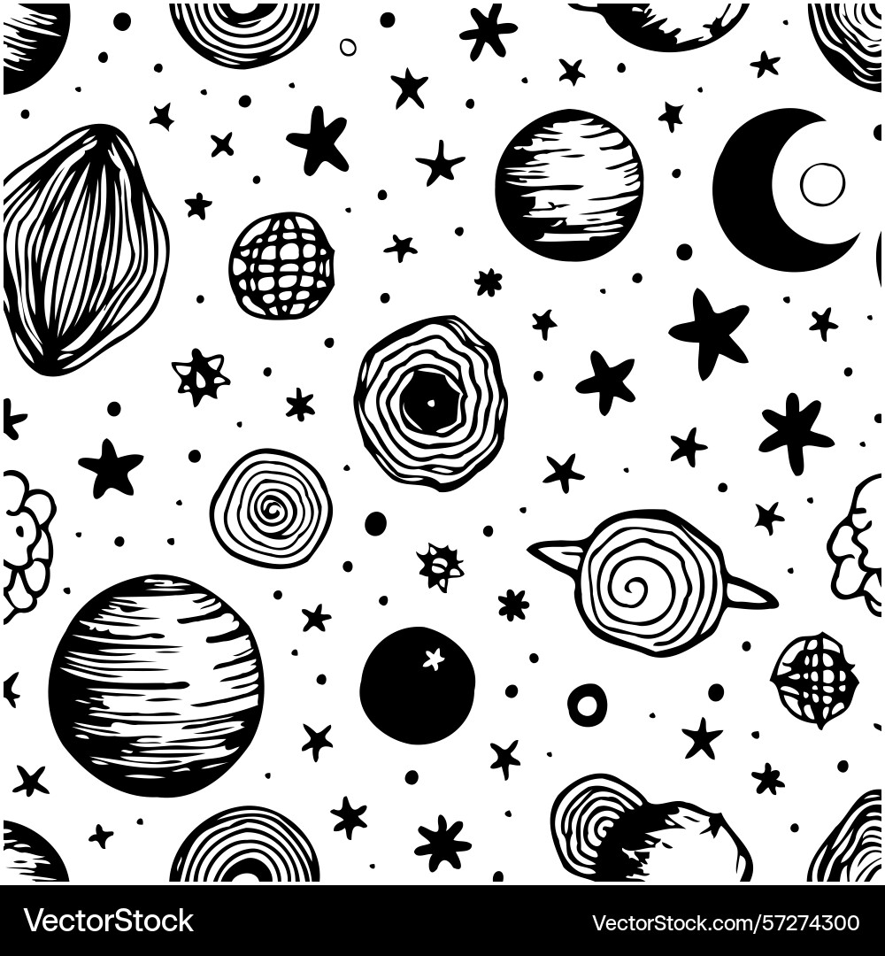 Whimsical celestial pattern with planets stars Vector Image