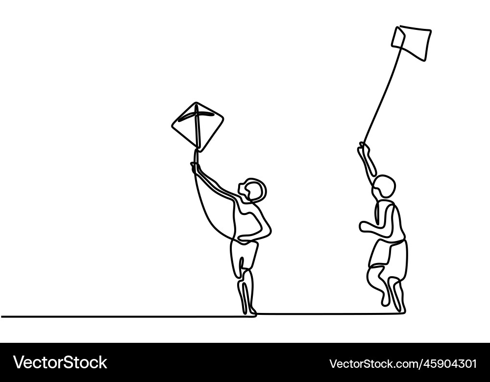 One continuous line drawing of two boy playing One continuous line drawing of two boy playing Vector Image
