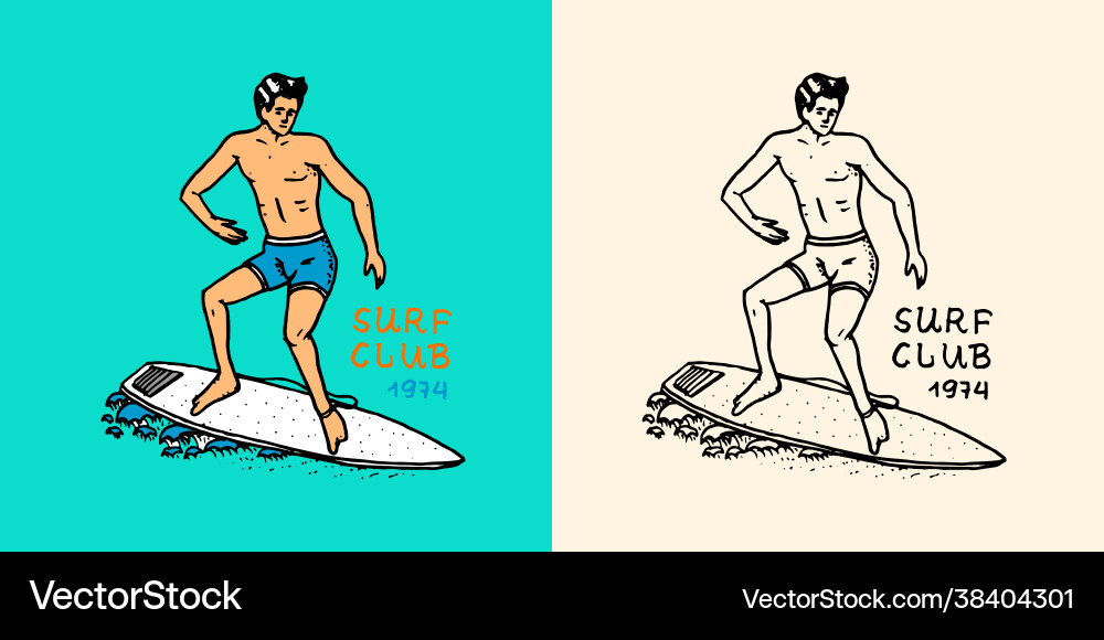 Surfer reitet Wellen auf einem Brett Sommersurf Surfer reitet Wellen auf einem Brett Sommersurf vektorbild