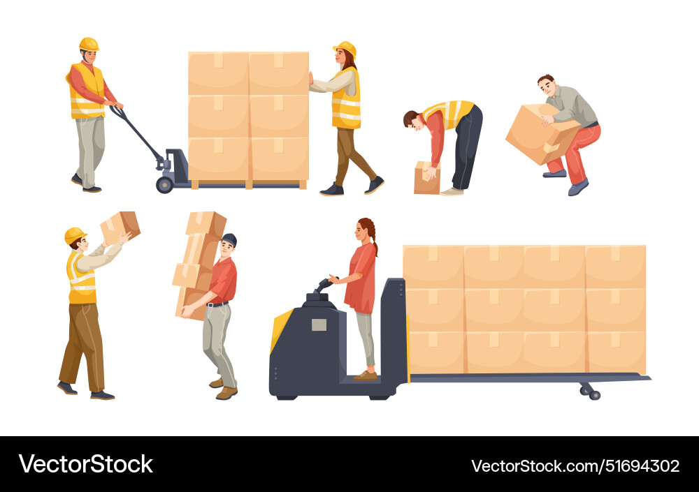 Workers in uniforms handling packages using Workers in uniforms handling packages using vector image
